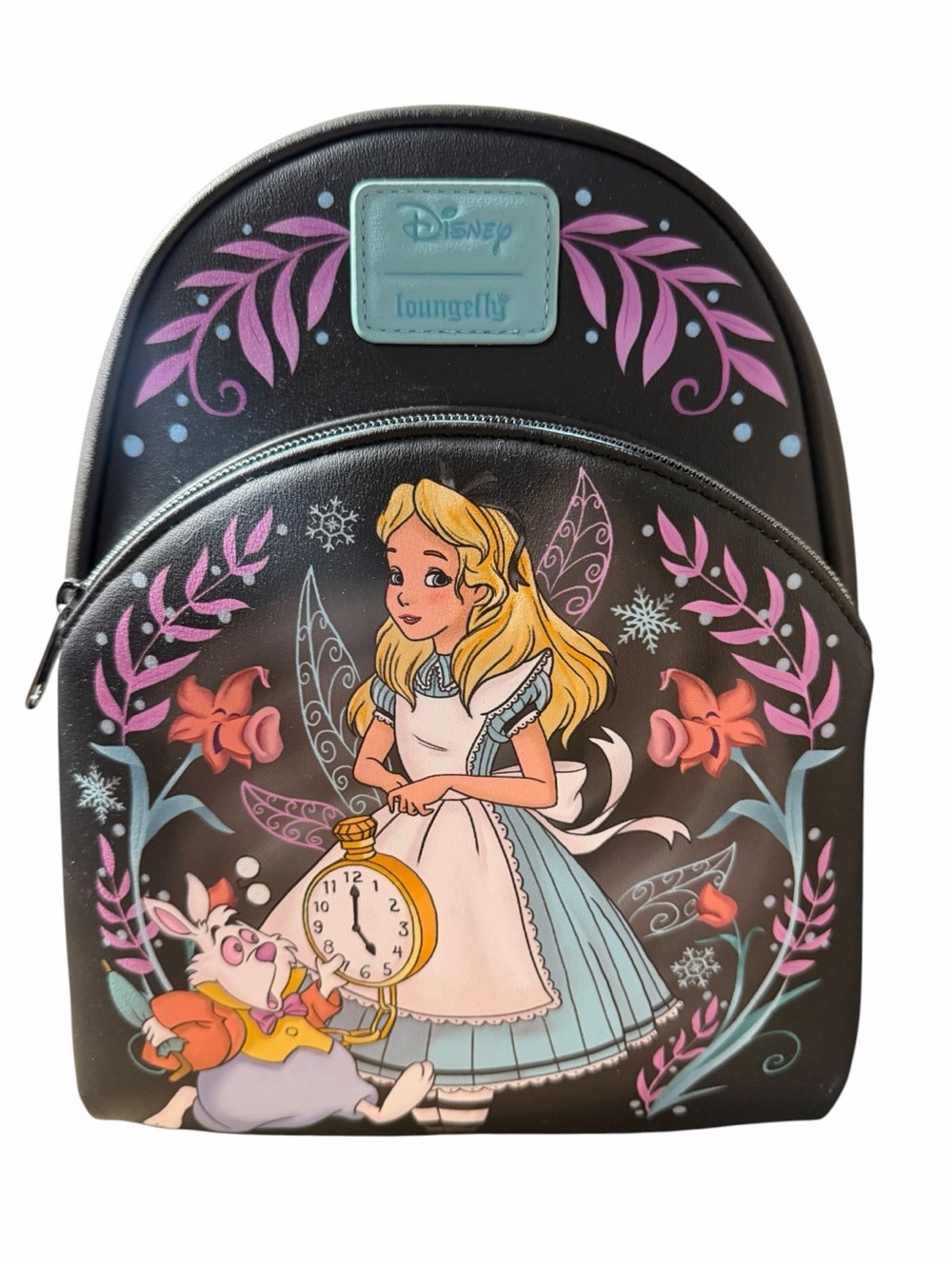 Loungefly Black Alice & White Rabbit Backpack with Pink & Blue Accents